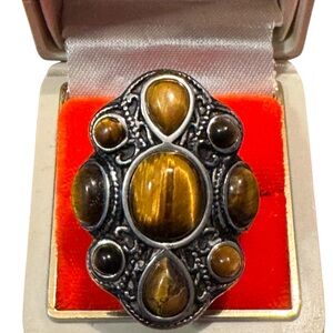 Elegant Silver SS Tiger Eye Fancy Saddle  Stone Ring